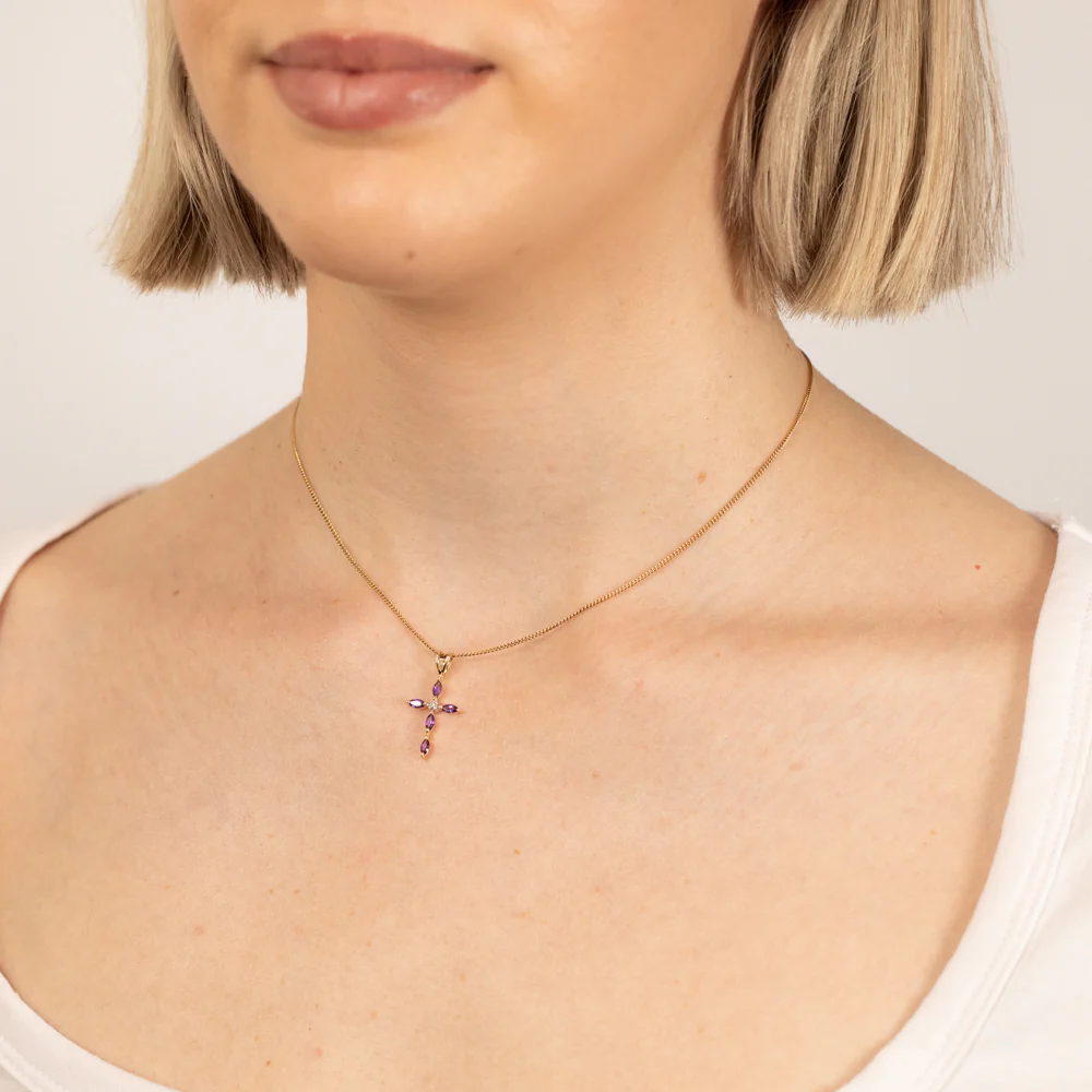 Natural Marquise Cut Amethyst Cross Diamond Pendant in 9ct Yellow Gold - Image 2