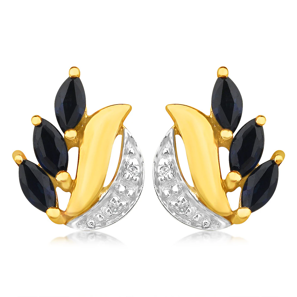 Natural Marquise Cut Dark Sapphire 0.13ct Diamond Stud Earrings in 9ct Yellow Gold