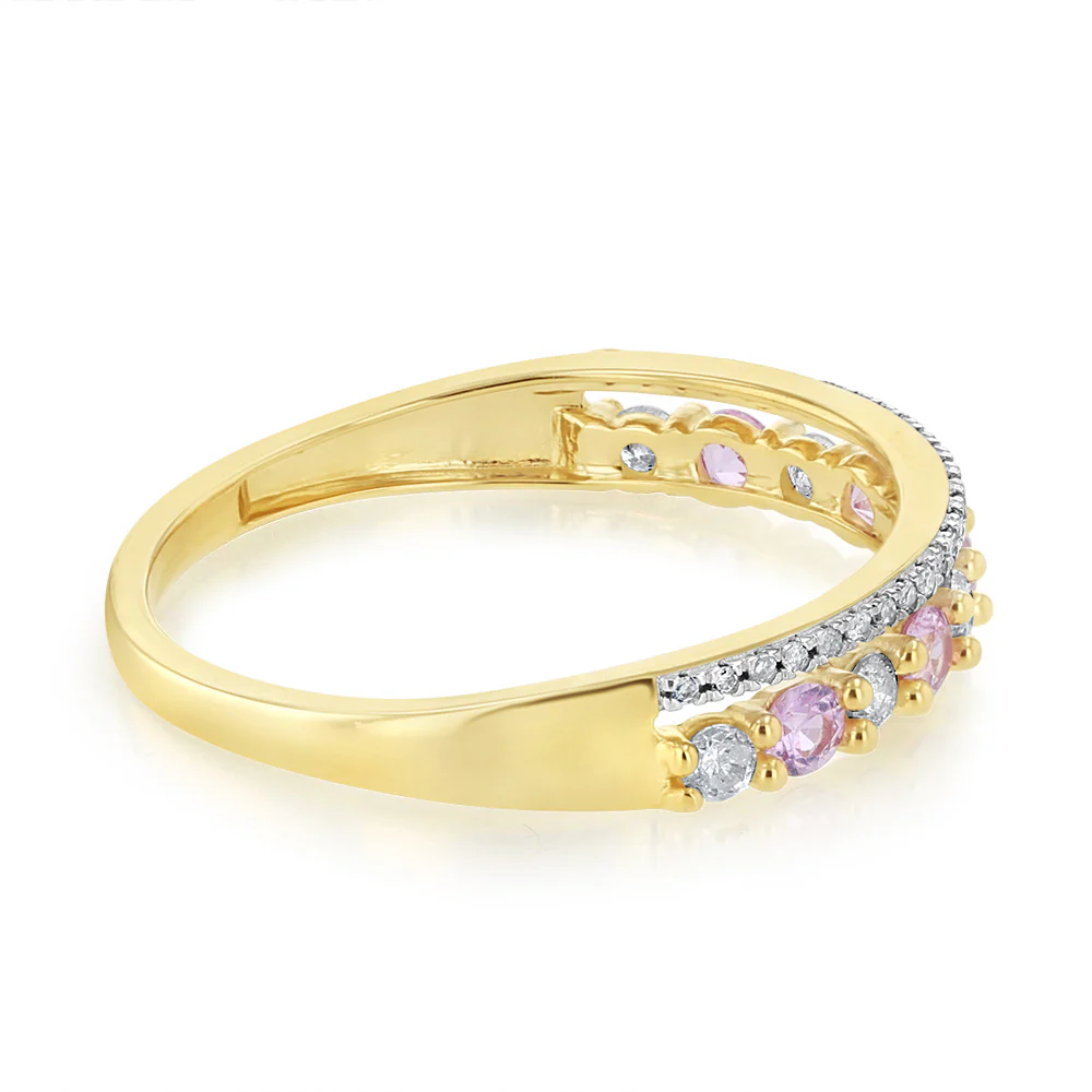 Natural Pink Sapphire and 1/4 Carat Diamond Ring in 9ct Yellow Gold - Image 2