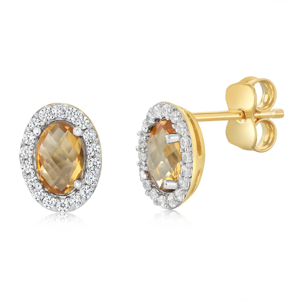 Natural Quartz and Cubic Zirconia Stud Earrings in 9ct Yellow Gold