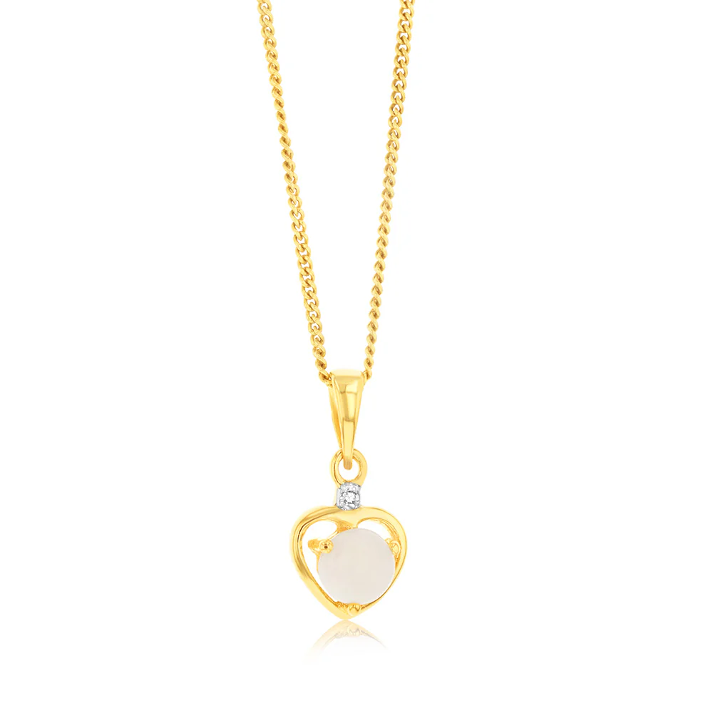 Natural Round 5mm Opal Heart Shaped Diamond Pendant in 9ct Yellow Gold