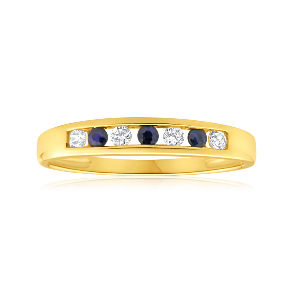 Natural Sapphire and  Zirconia Channel Set Ring in 9ct Yellow Gold