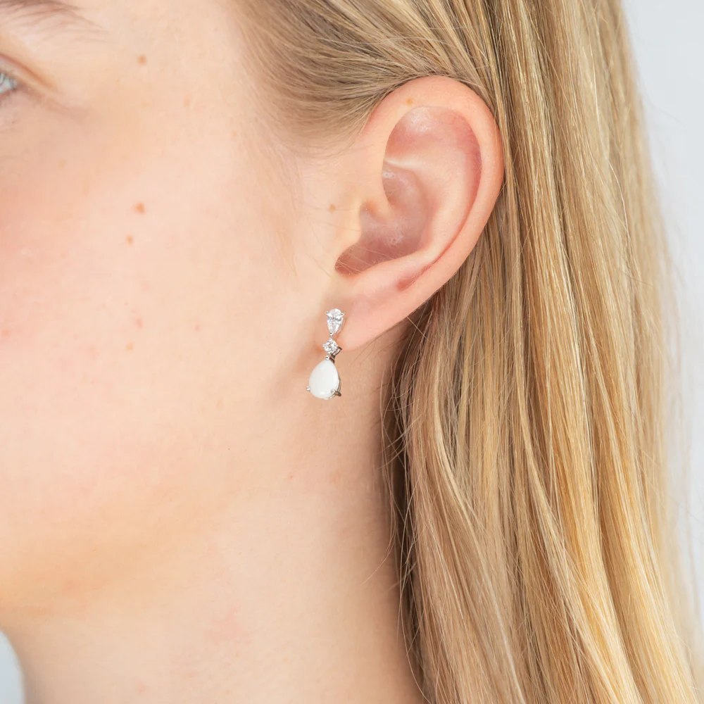Natural White Opal and Zirconia Earrings in 9ct White Gold - Image 2
