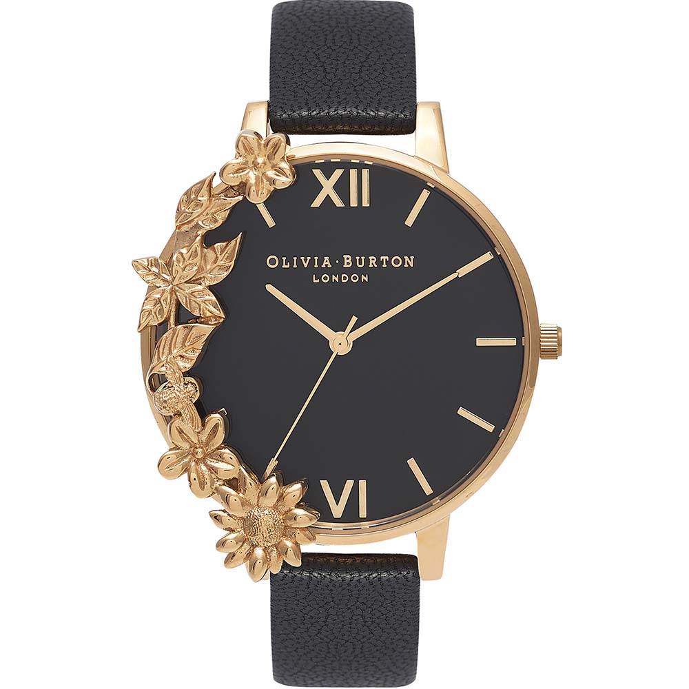 OB16CB07 Olivia Burton Womens Floral Black Leather Watch