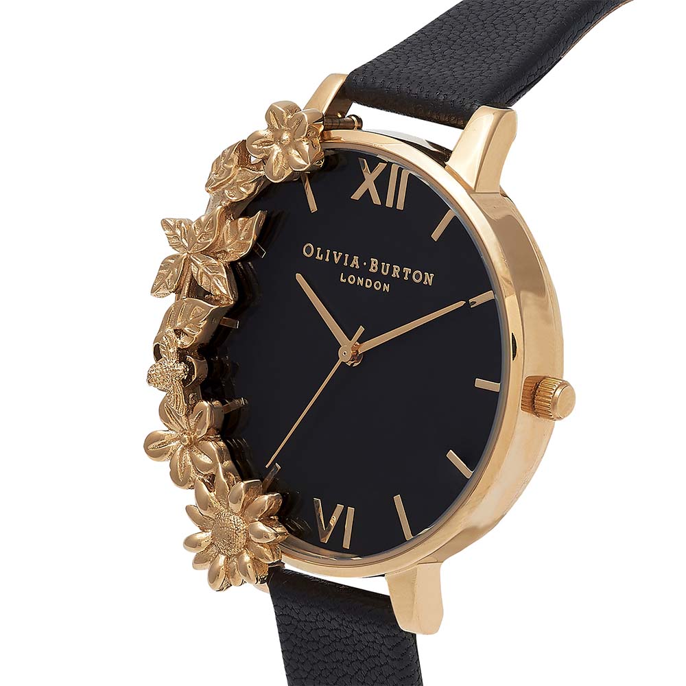 OB16CB07 Olivia Burton Womens Floral Black Leather Watch - Image 2