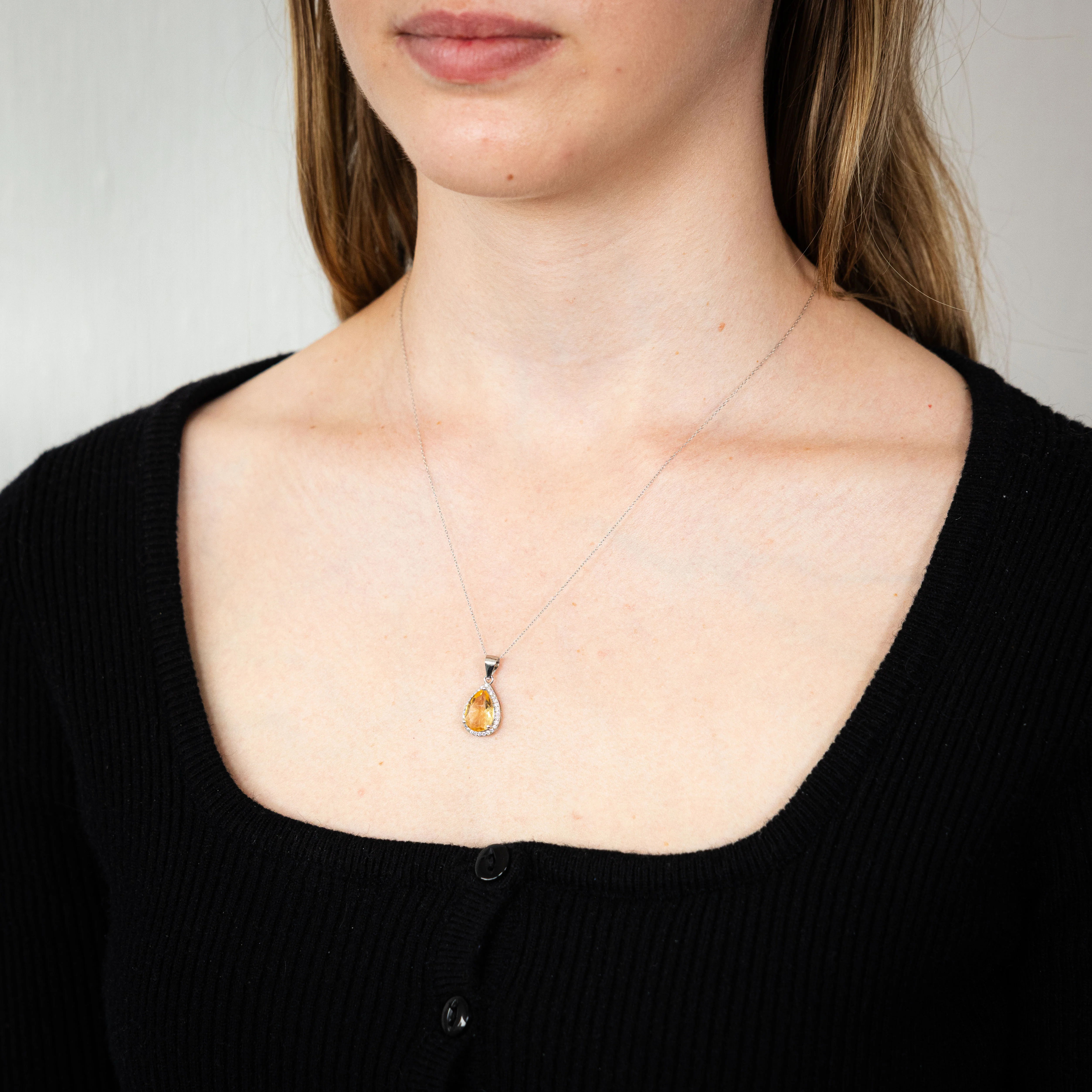 Pear Citrine And Zirconia Pendant on Chain in Sterling Silver - Image 2