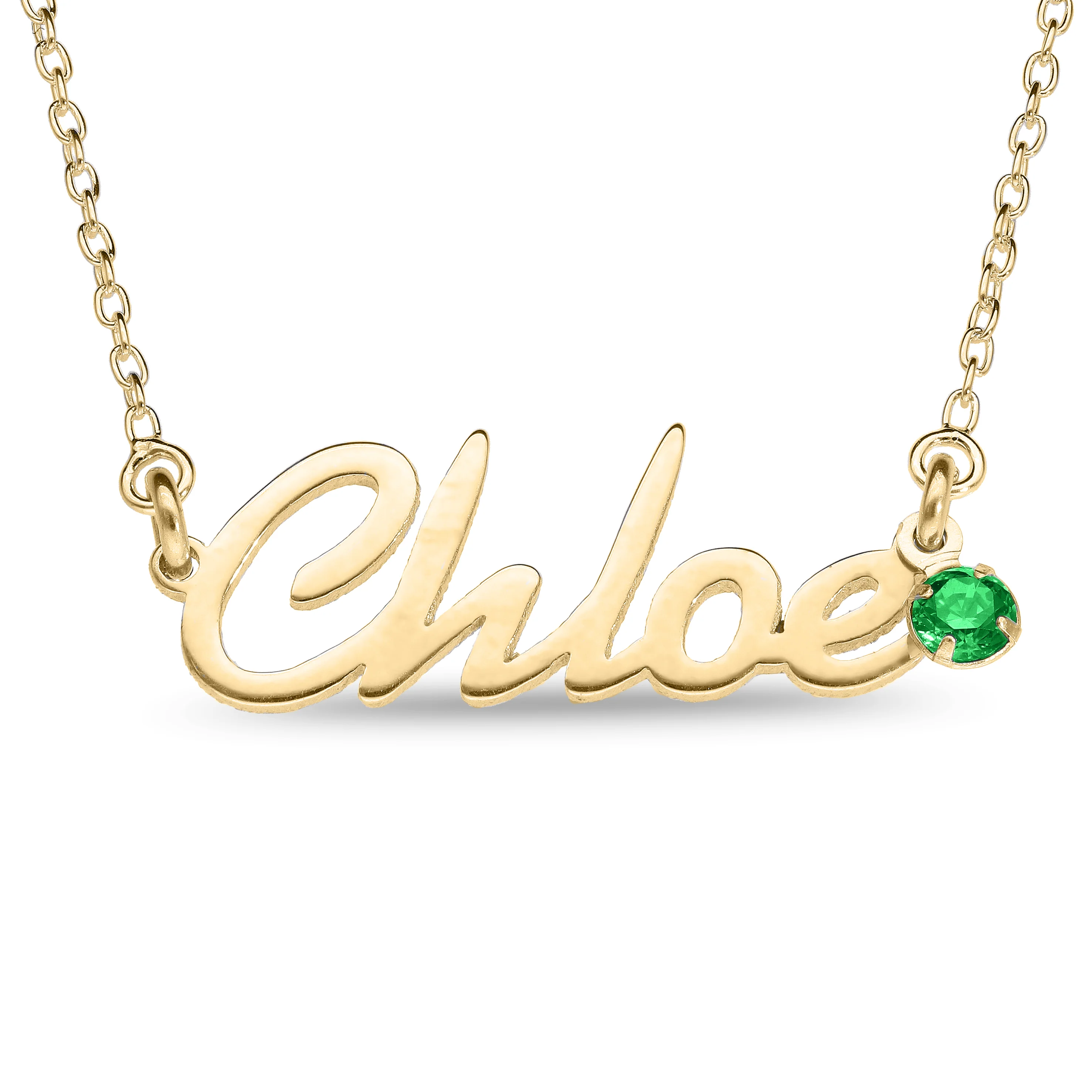 Personalised 9ct Yellow Gold Name Pendant with Created Emerald Birthstone on 40cm Chain - May