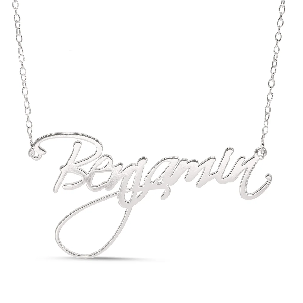 Personalised Sterling Silver Signature Name Pendant on 40cm Chain - Large Script