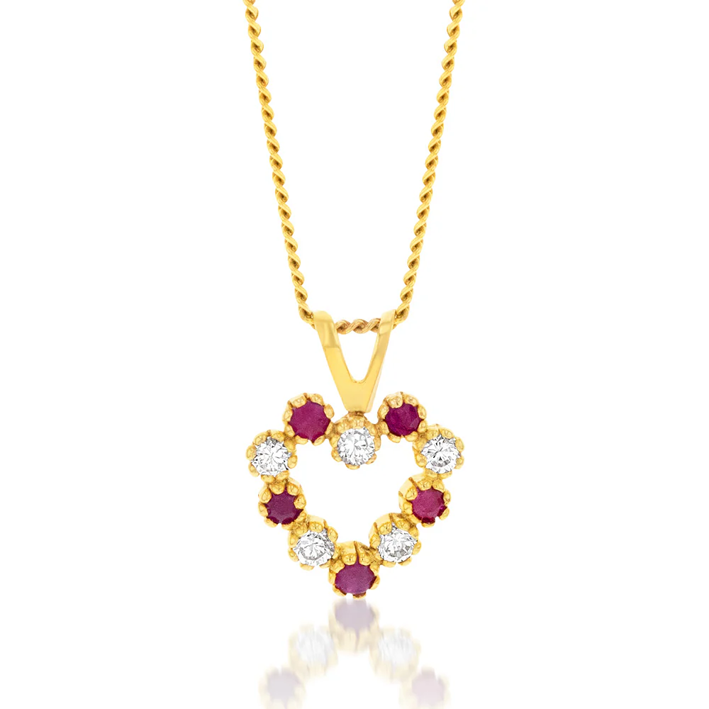 Red and White Zirconia Heart Pendant in 9ct Yellow Gold