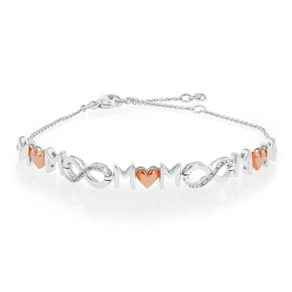 Rose Gold Plated Sterling Silver Diamond Mum Infinity Heart Bracelet 16-20cm