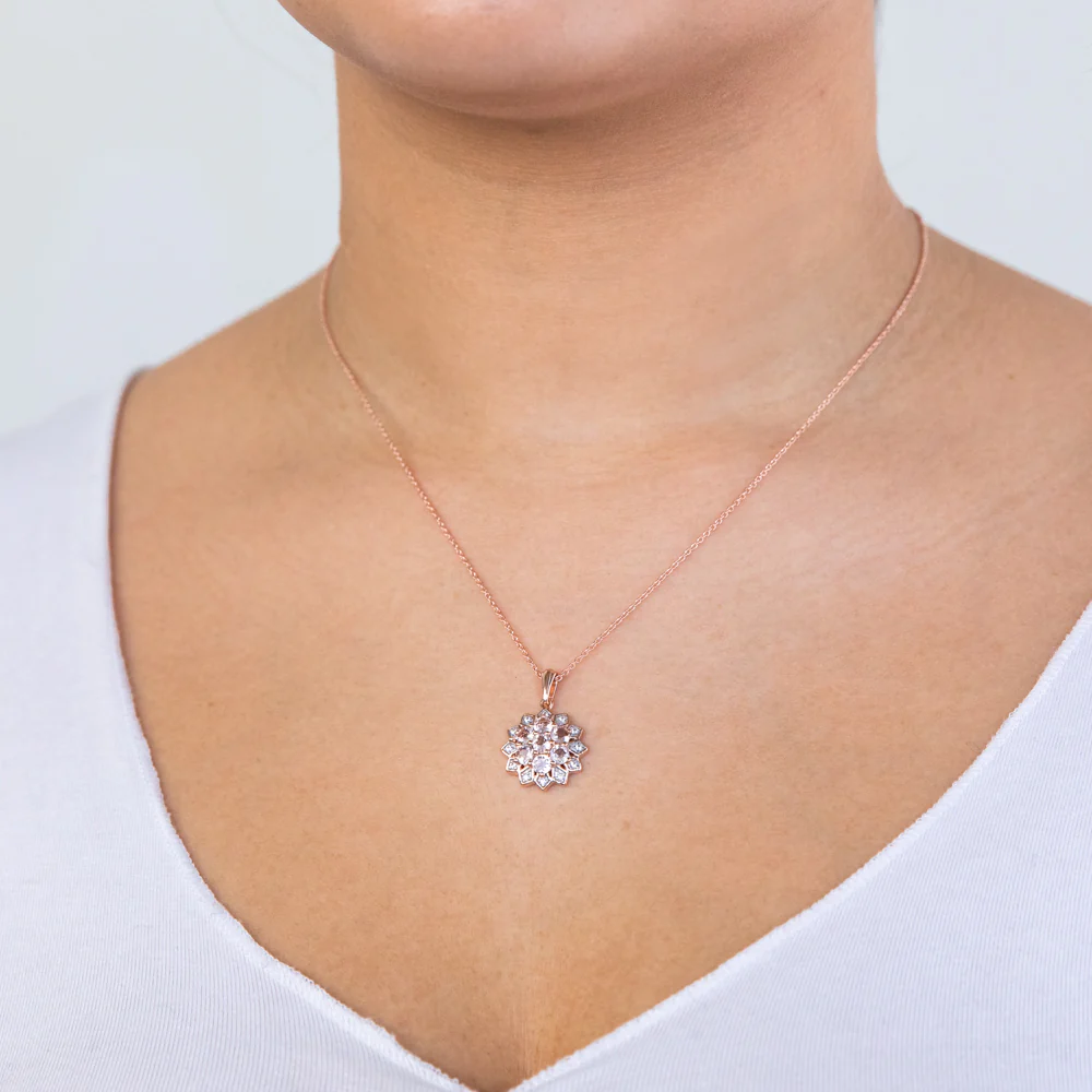 Rose Plated Sterling Silver Morganite and White Zircon Starburst Pendant on Chain - Image 2