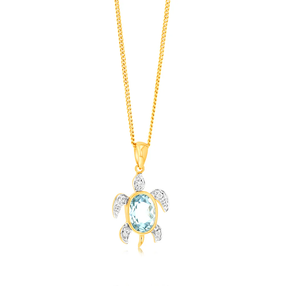 Sky Blue Topaz Tortoise Pendant with 5 Diamonds in 9ct Yellow Gold