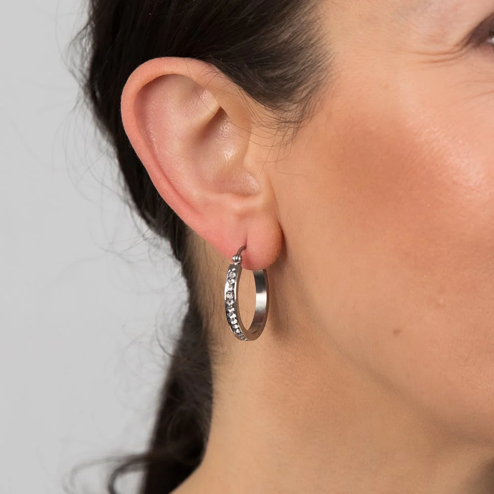 Stainless Steel 25mm Half Circle Crystal Hoop Earrings - Image 2