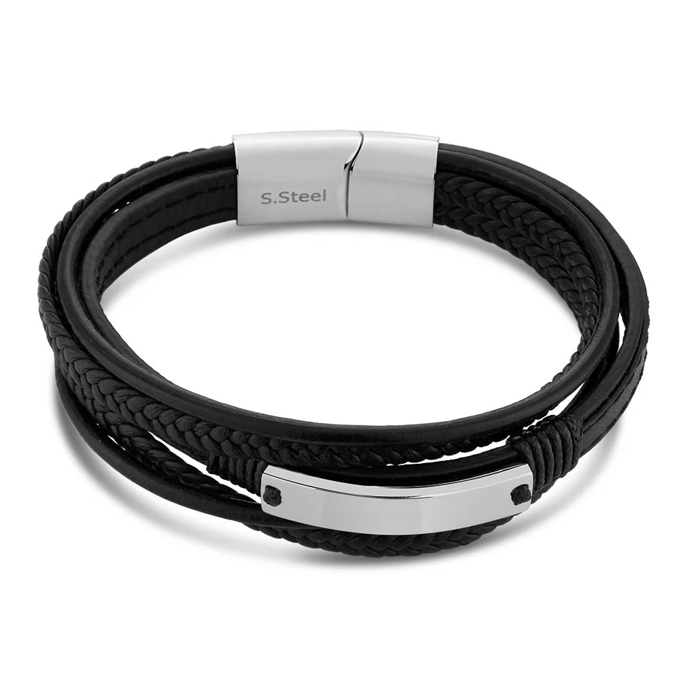 Stainless Steel and Leather Gents Magnetic Black Leather Bracelet with I.D. Plate - Image 2