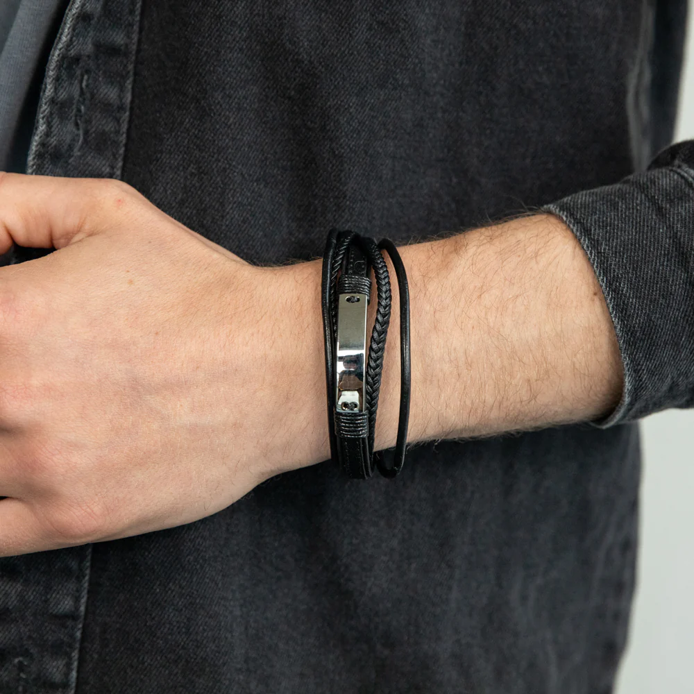 Stainless Steel and Leather Gents Magnetic Black Leather Bracelet with I.D. Plate - Image 3