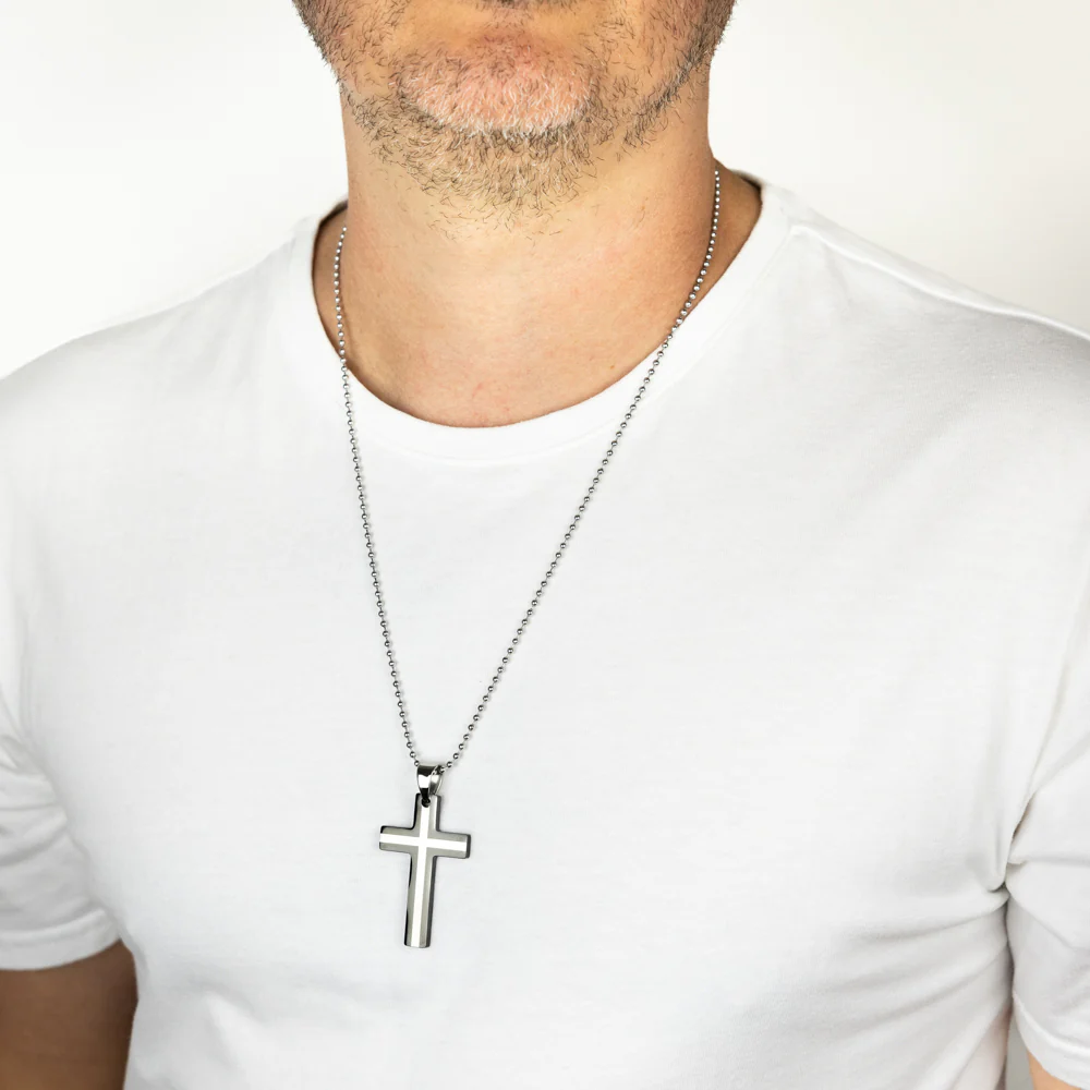 Stainless Steel Black And Silver Two Tone Cross Pendant On 60.9cm Ball Chain - Image 2