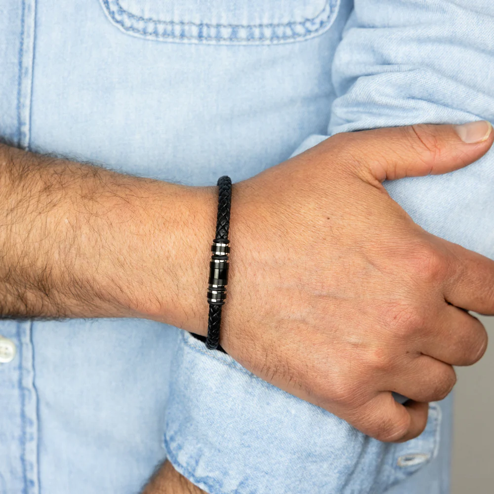 Stainless Steel Black Leather 21cm Bracelet - Image 2