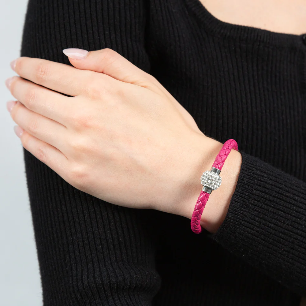 Stainless Steel Crystal Magnetic Pink Leather Fancy Bracelet - Image 3