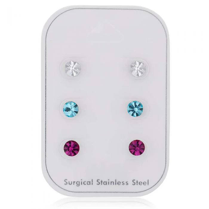 Stainless Steel Crystal Studs Set of 3 - White Aqua Fucshia - Image 5