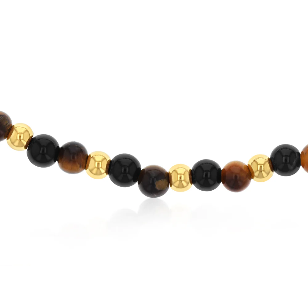 Stainless Steel Gold Plated Black Agate Tiger Eye 17.5cm Stretchable Bracelet - Image 2