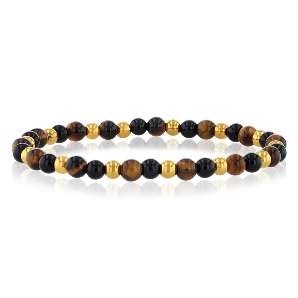 Stainless Steel Gold Plated Black Agate Tiger Eye 17.5cm Stretchable Bracelet