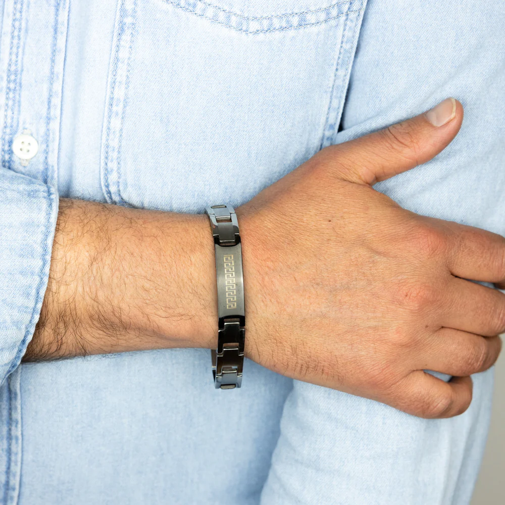 Stainless Steel Greek Key Black And Silver 20.3cm Bracelet - Image 3