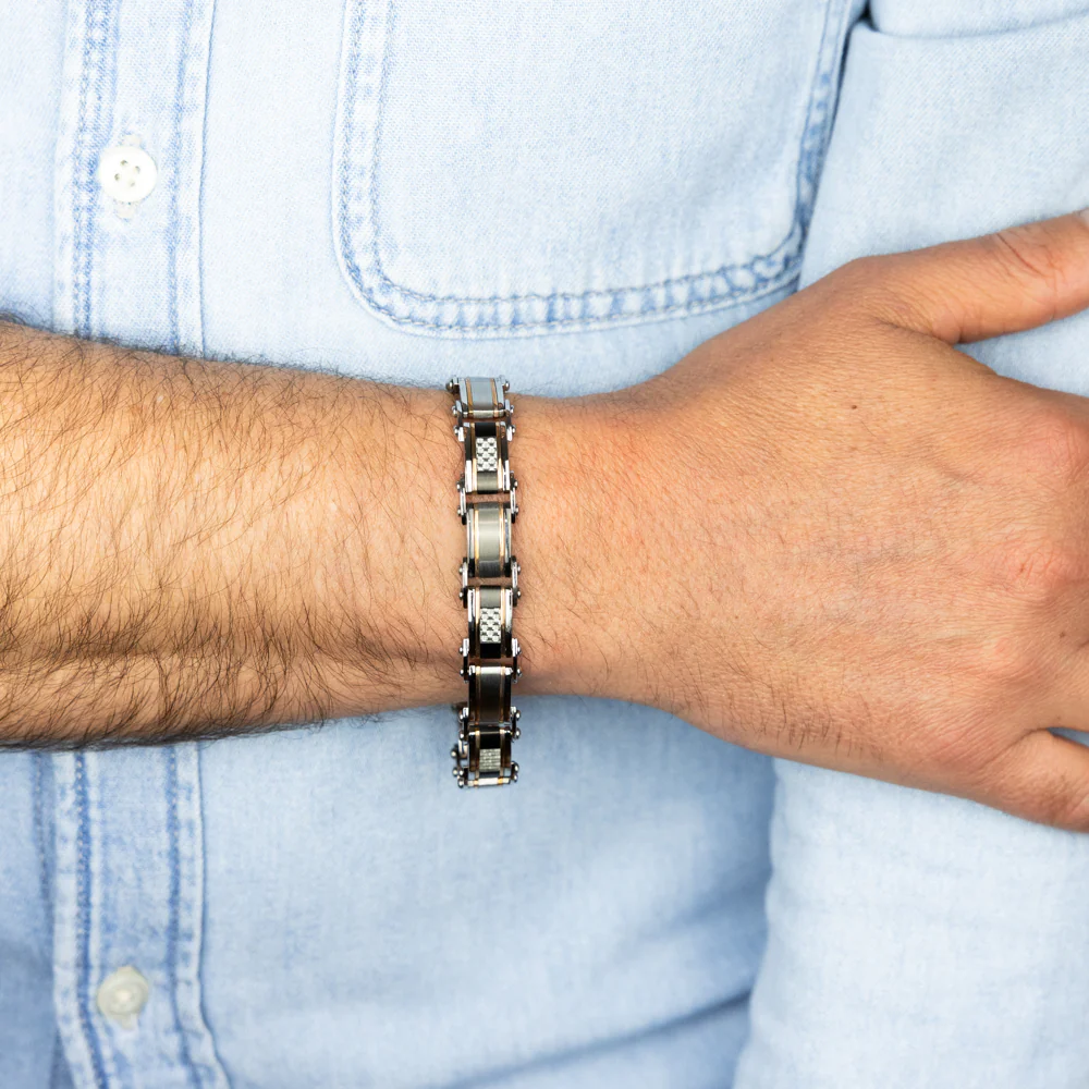 Stainless Steel Multi Tone Silver Black And Chocolate 21cm Bracelet - Image 3