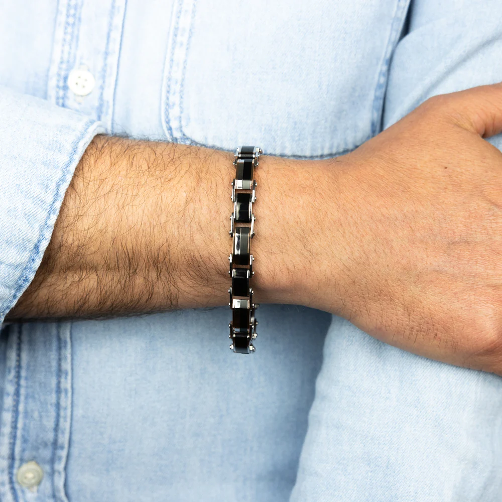 Stainless Steel Multitone Silver Black And Chocolate Hinged 21cm Bracelet - Image 3