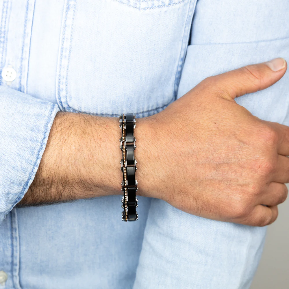 Stainless Steel Multitone Silver Black And Chocolate Hinged 21cm Bracelet - Image 3