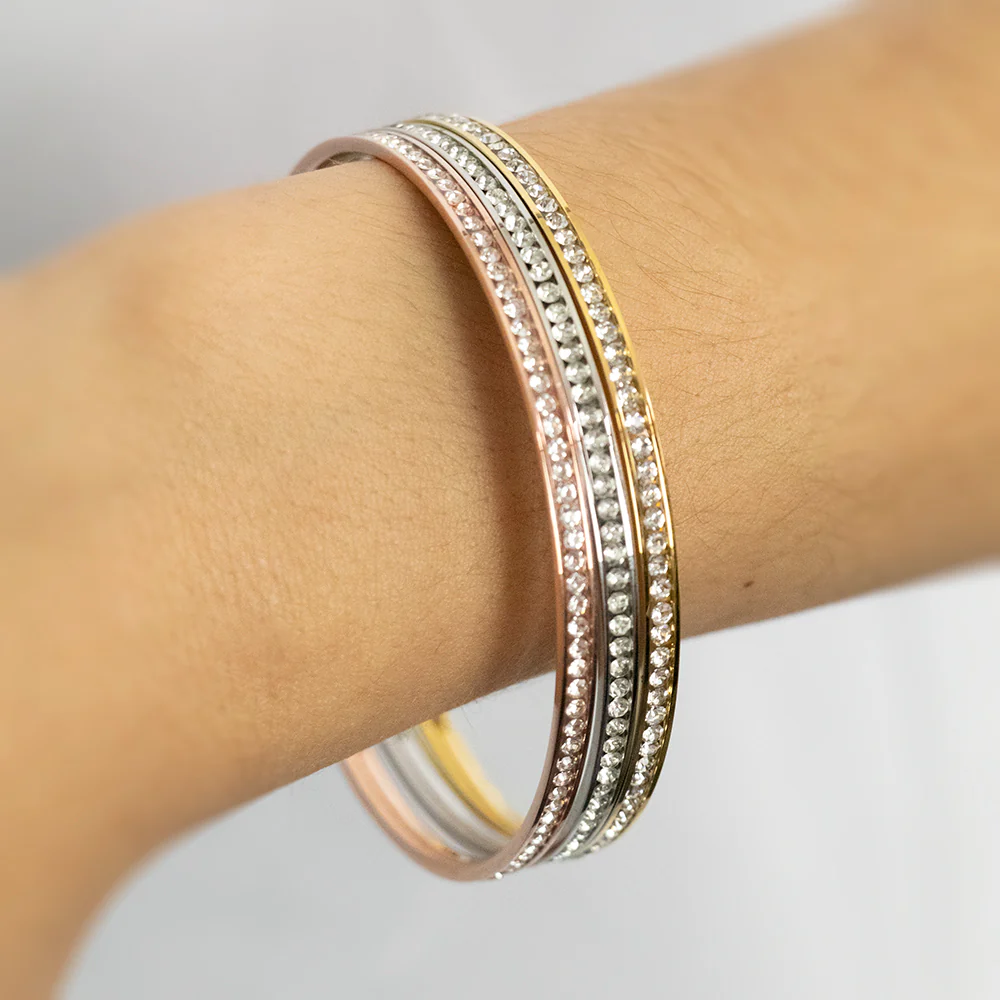 Stainless Steel Rose Gold Plated Crystal 3mmx65mm Bangle - Image 3