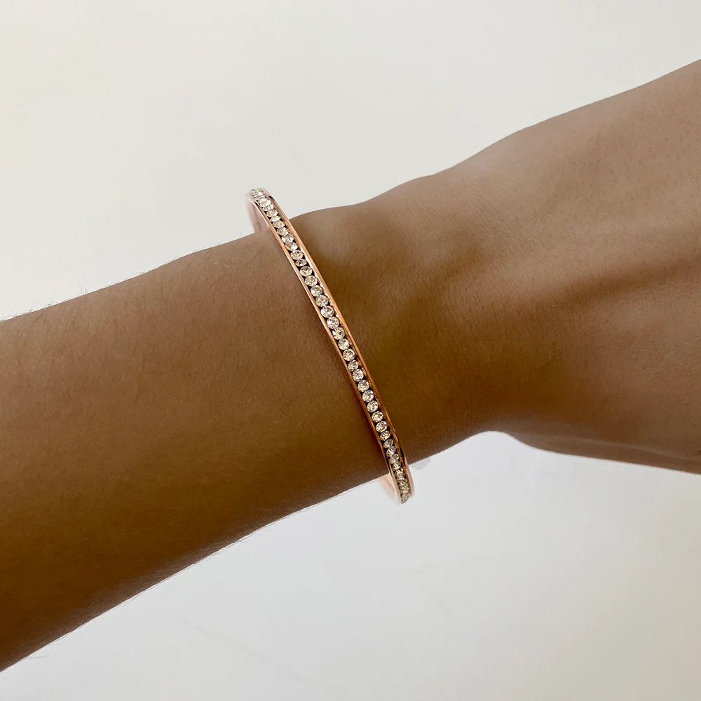 Stainless Steel Rose Gold Plated Crystal 3mmx65mm Bangle - Image 4