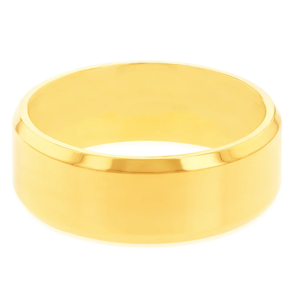 Stainless Steel Yellow Gold Plated Cubic Zirconia Set Beveled Edge 8mm Wide Ring - Image 2