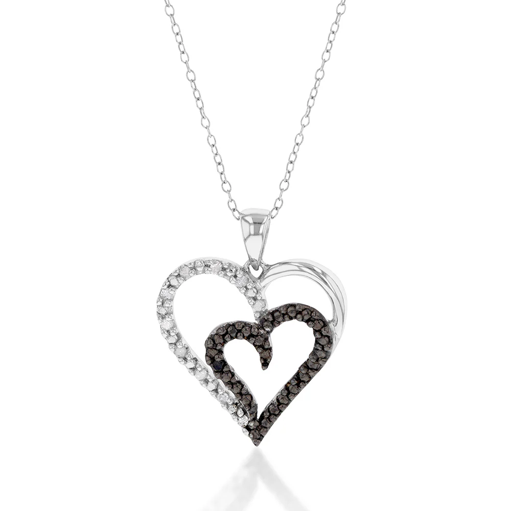 Sterling Silver 0.10 Carat Black and White Diamond Heart Pendant on 45cm Chain