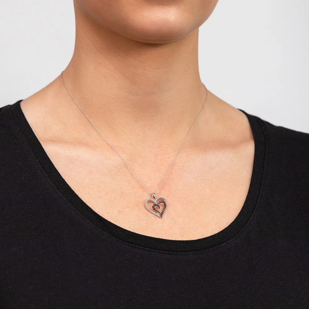 Sterling Silver 0.10 Carat Black and White Diamond Heart Pendant on 45cm Chain - Image 2