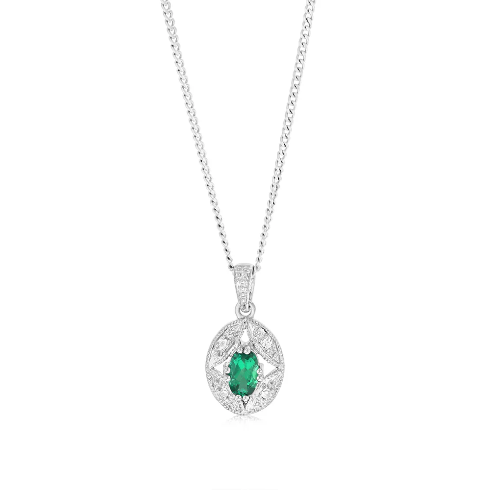 Sterling Silver 0.21Ct Created Emerald & 4 Diamonds Pendant