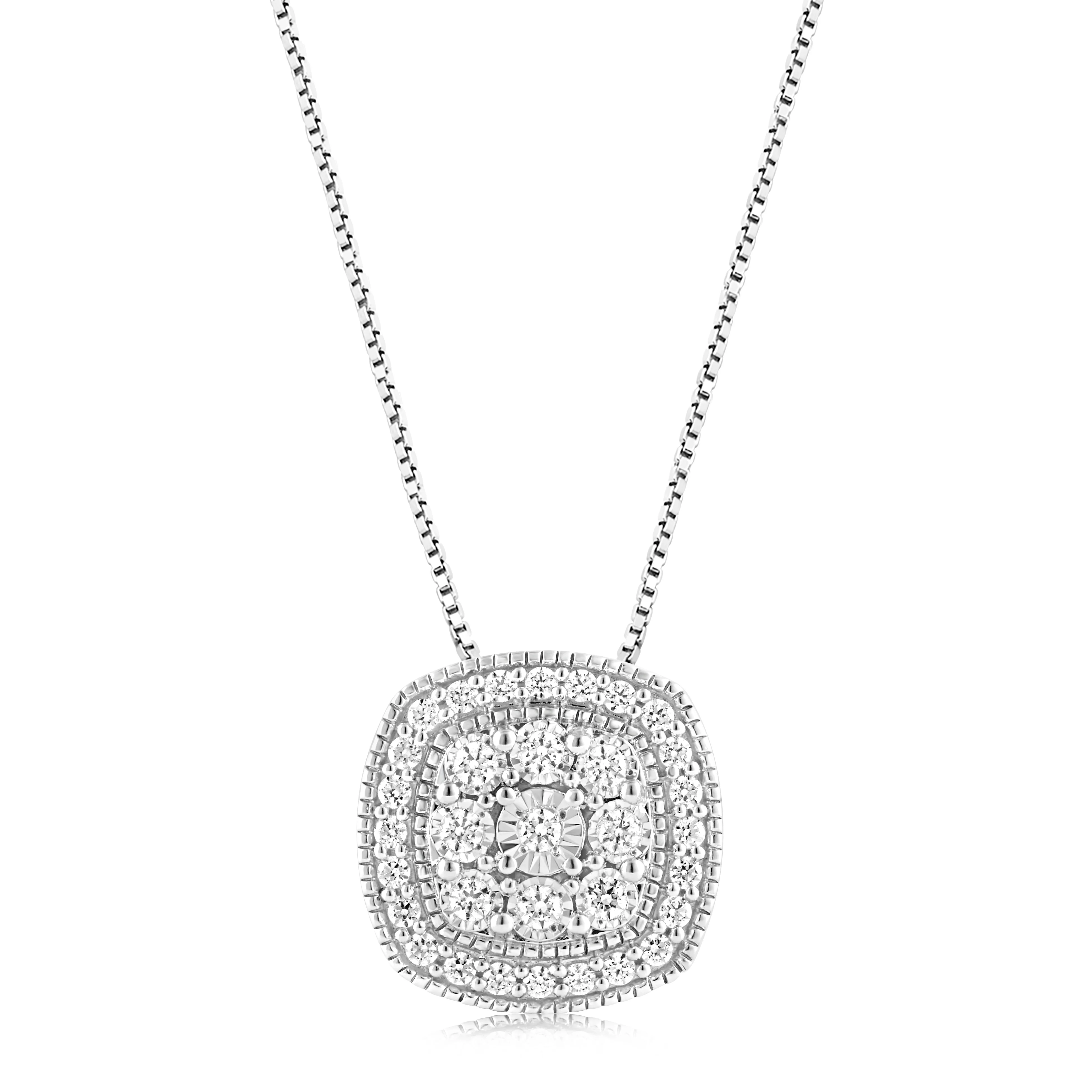 Sterling Silver 0.45 Carat Diamond Cushion Cluster Pendant with Round Brilliant Cut Diamonds on 45cm Chain