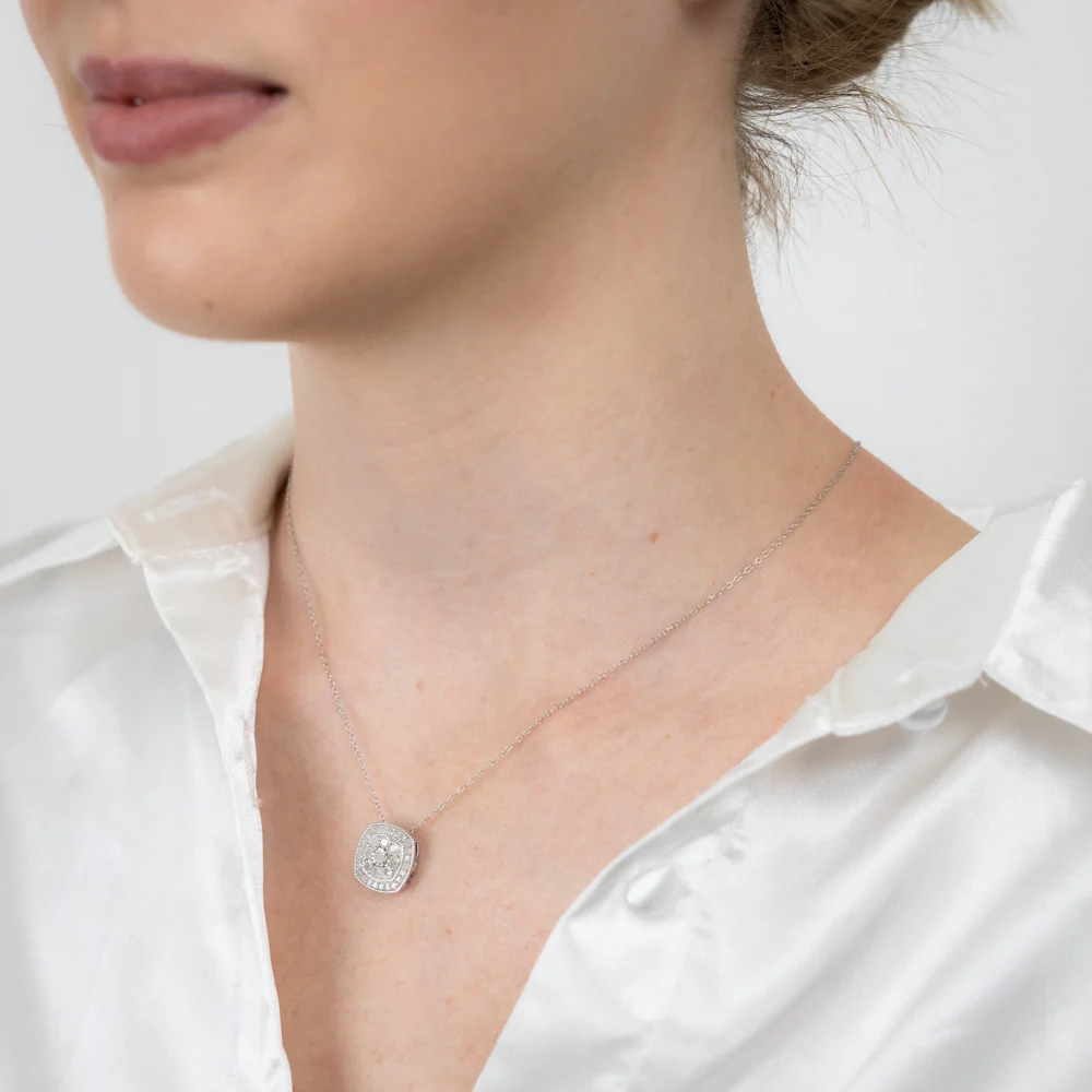 Sterling Silver 0.45 Carat Diamond Cushion Cluster Pendant with Round Brilliant Cut Diamonds on 45cm Chain - Image 2
