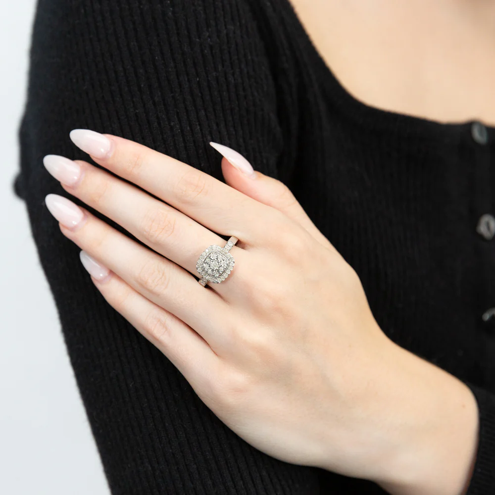 Sterling Silver 1/2 Carat Diamond Cushion Shape Cluster Ring - Image 2
