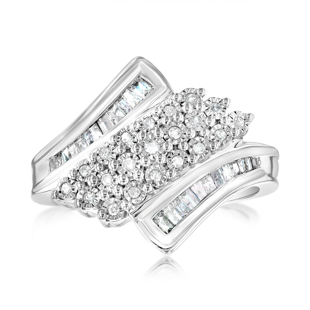 Sterling Silver 1/3 Carat Diamond Ring With Round and Baguette Cut Diamonds