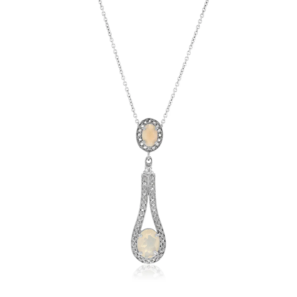 Sterling Silver 1.40ct Natural White Opal and White Topaz Pear Drop Pendant on Chain