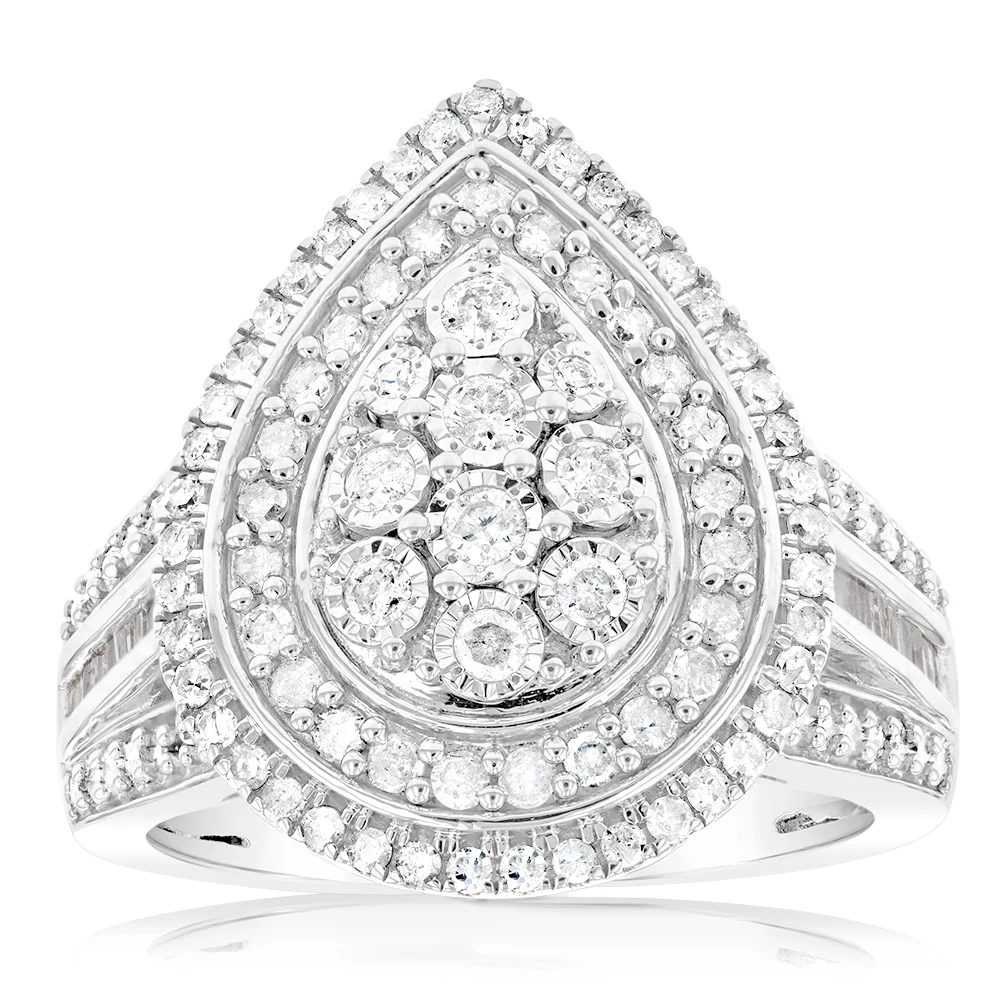 Sterling Silver 1 Carat Diamond Ring With 110 Brilliant & 22 Baguette Cut Diamonds