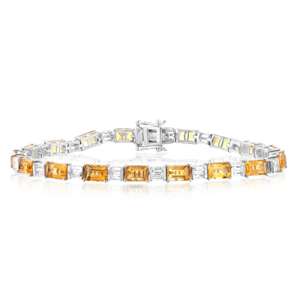 Sterling Silver 12.5 Carat Natural Citrine + White Topaz Bracelet 18CM