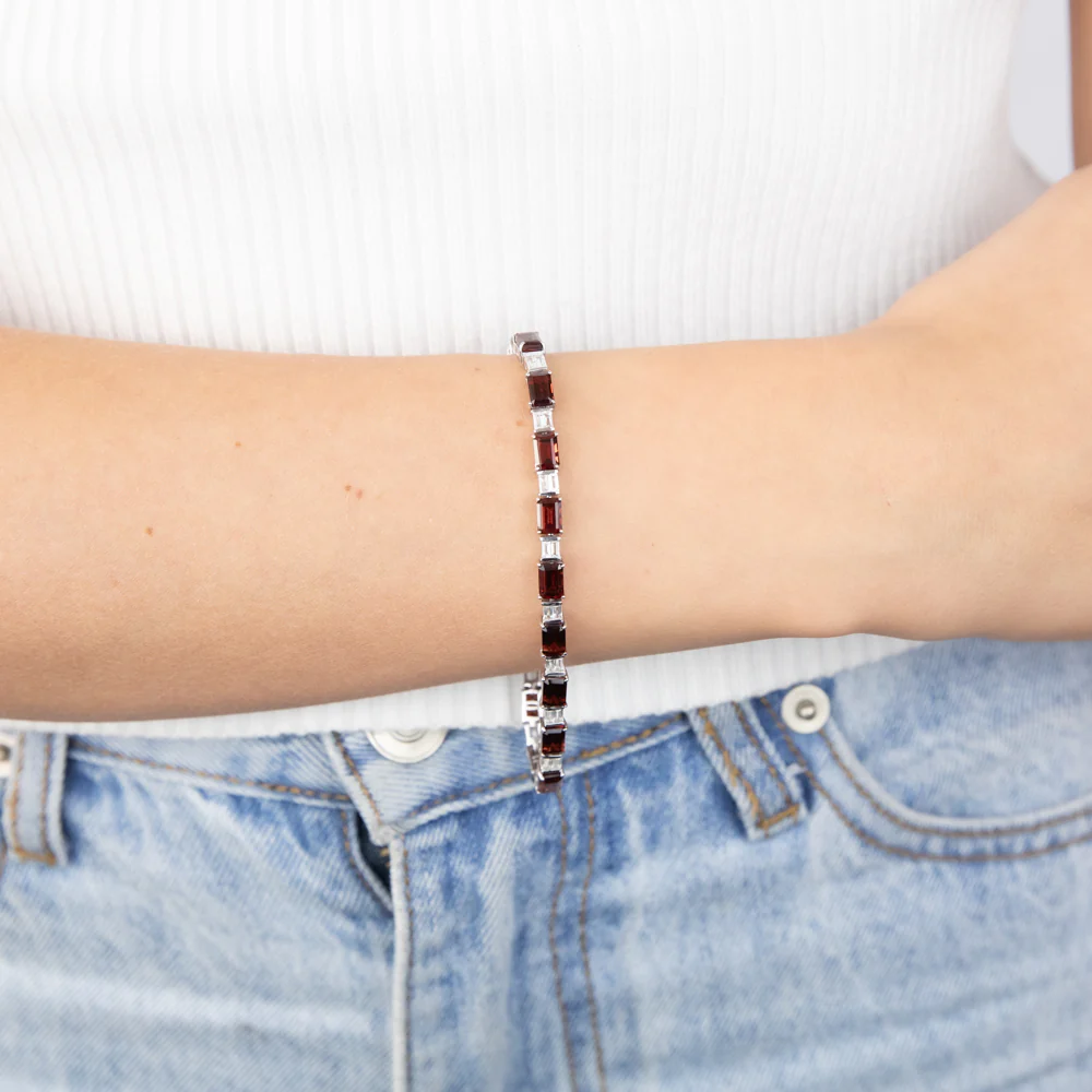 Sterling Silver 14.5 Carat Natural Garnet + White Topaz Fancy Bracelet 18CM - Image 3