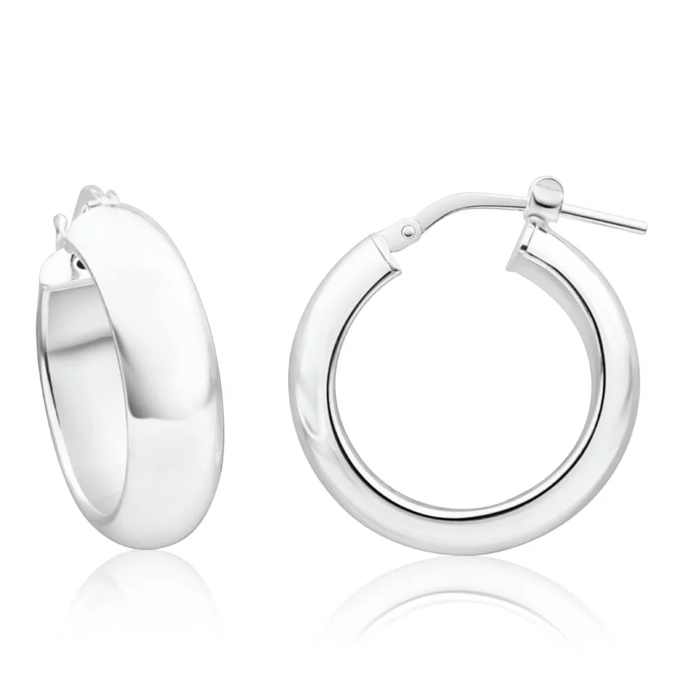 Sterling Silver 15mm Plain Half Round Hoop Earrings - Image 2