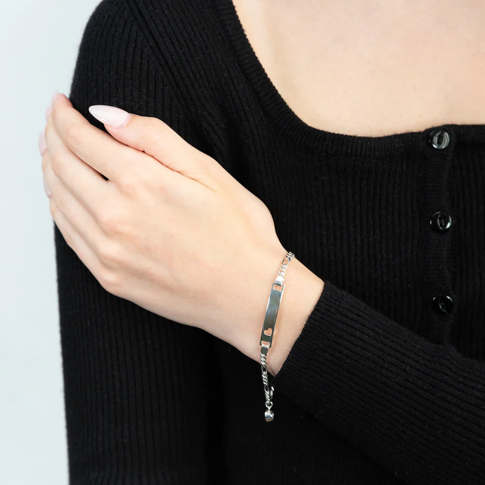 Sterling Silver 19cm Figaro 1-3 Open Heart ID Bracelet with Zirconia Heart Charm - Image 3