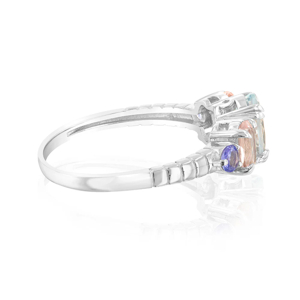 Sterling Silver 2.25Cts Aquamarine, 2 Morganite & 2 Tanzanite Stone Fancy Ring - Image 2