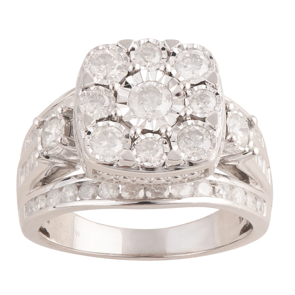 Sterling Silver 2 Carat Cushion Shape Diamond Dress Ring