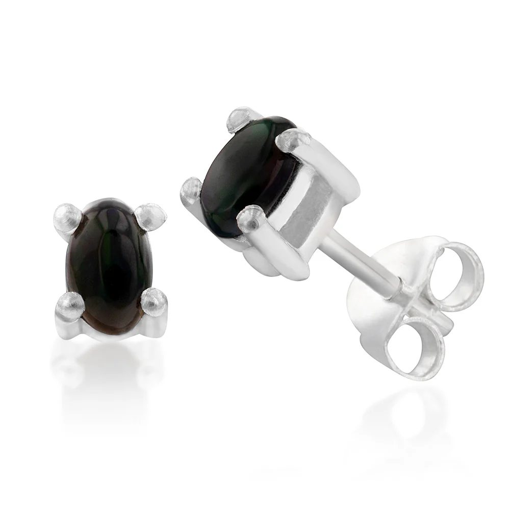 Sterling Silver 3x4mm Natural Solid Opal Oval Studs