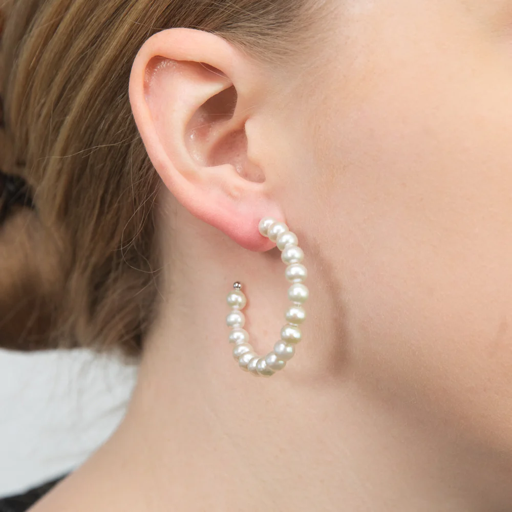 Sterling Silver 5.5-6mm 35mm Diameter Freshwater Pearl 3/4 Hoops - Image 2