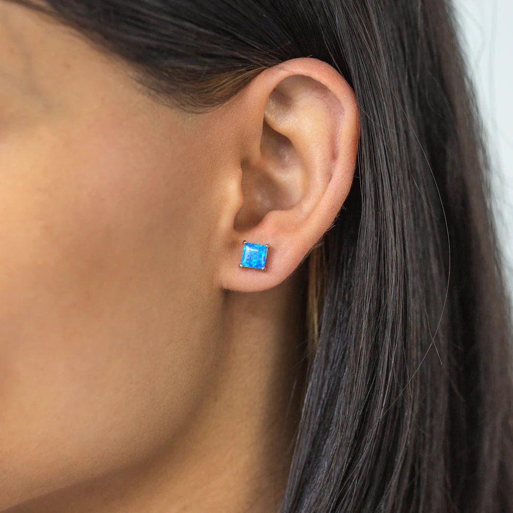 Sterling Silver 6mm Simulated Blue Square Stud Earrings - Image 2